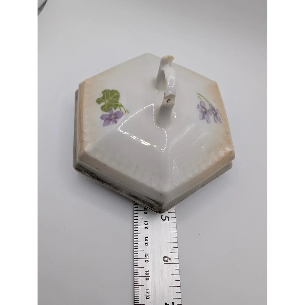 Antique Germany Porcelain Lidded Sugar Bowl Purple Violets Hydrangea Gold Luster